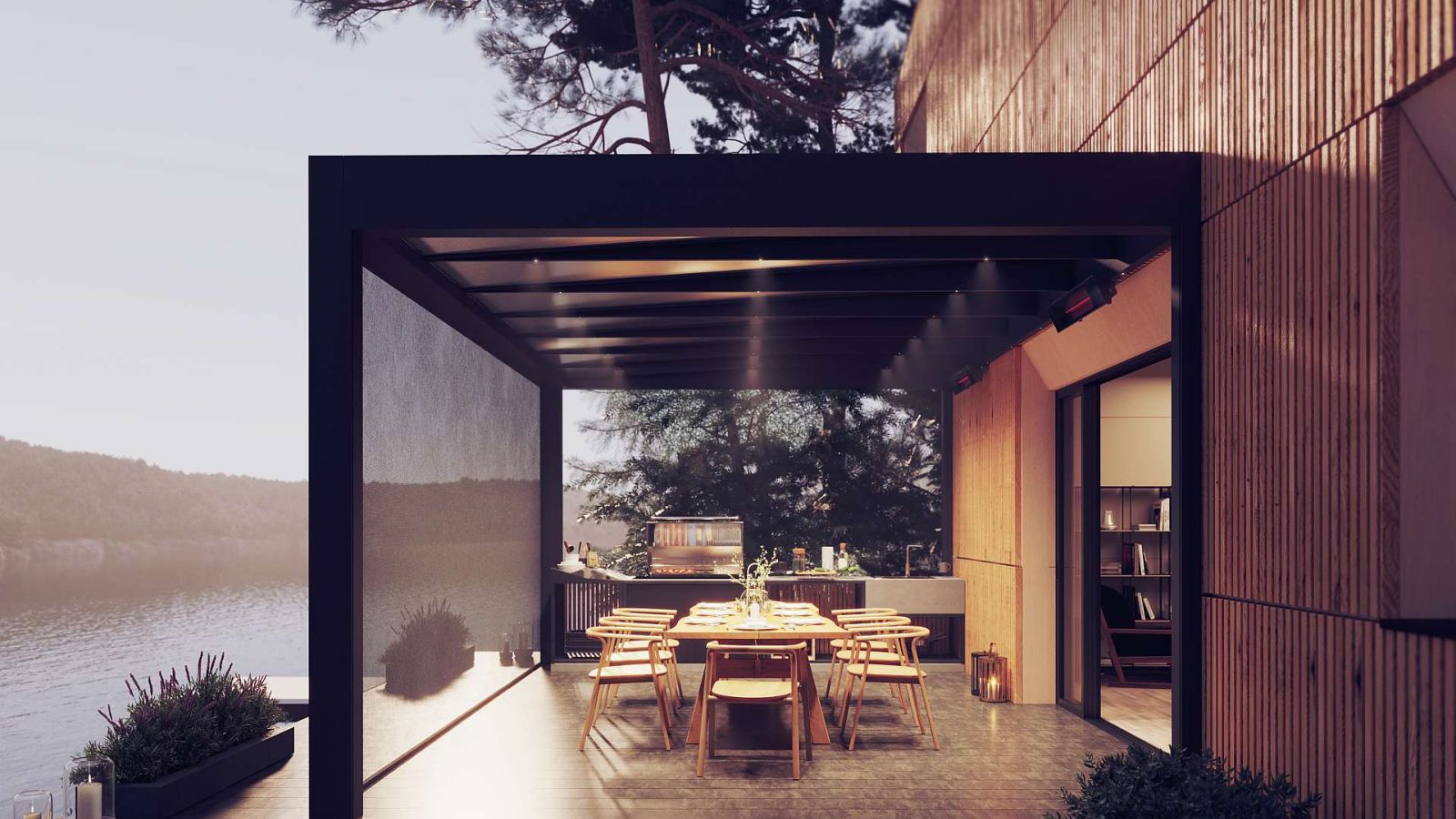 Ein Glas Terrassendach mit einen Baum im Hintergrund.