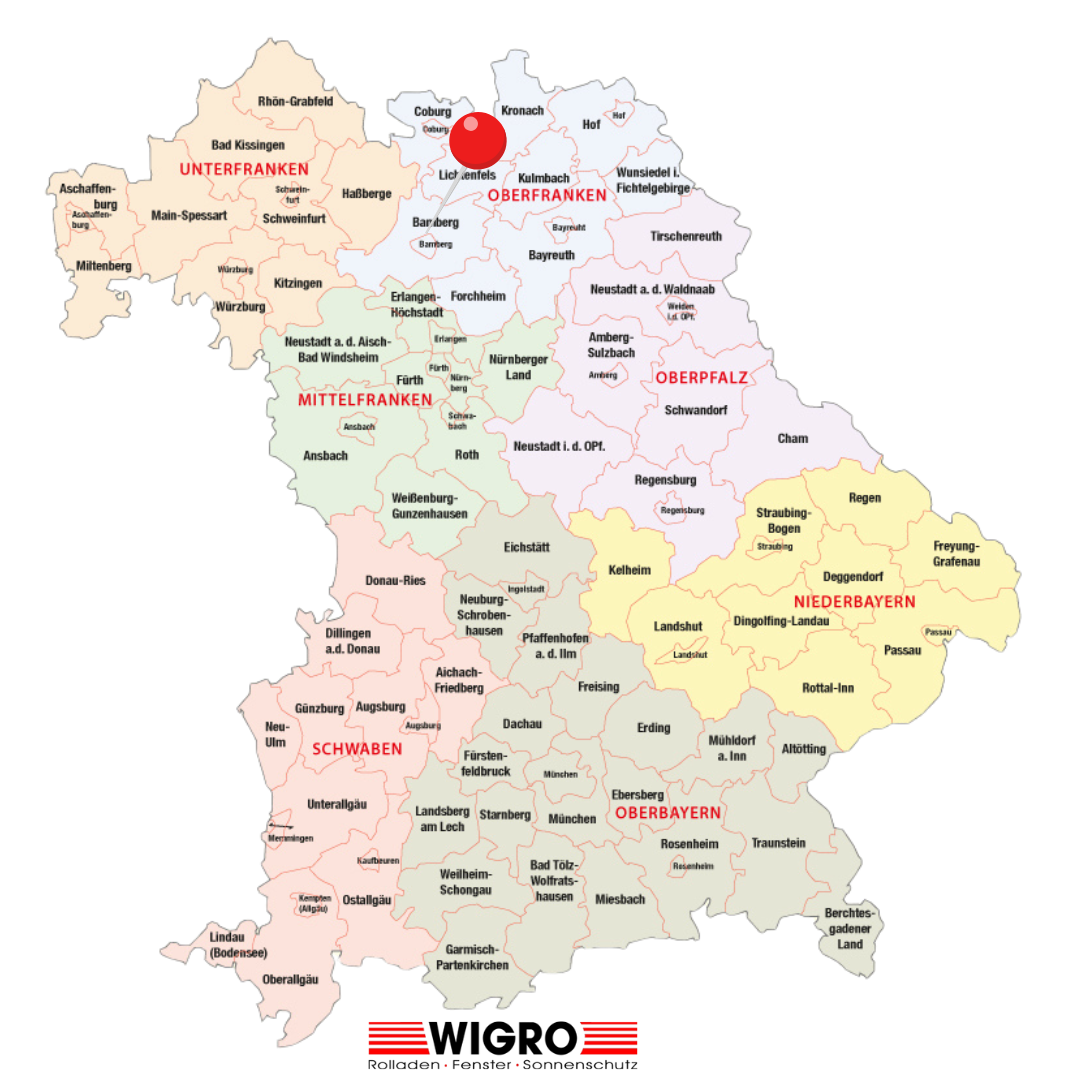 Ein Landkarte mit den Ortschaften von Bayern.