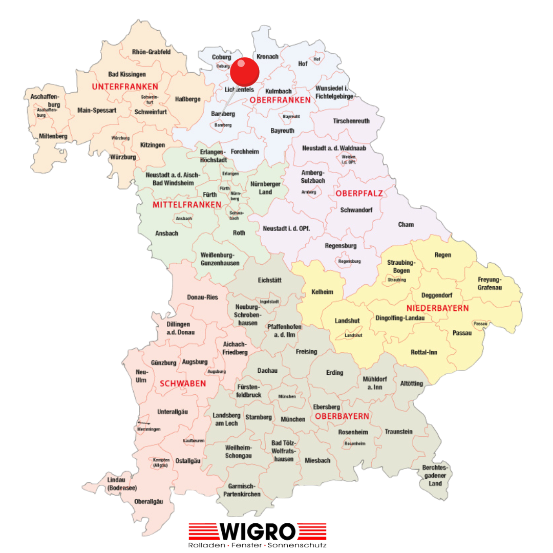 Ein Landkarte mit den Ortschaften von Bayern.