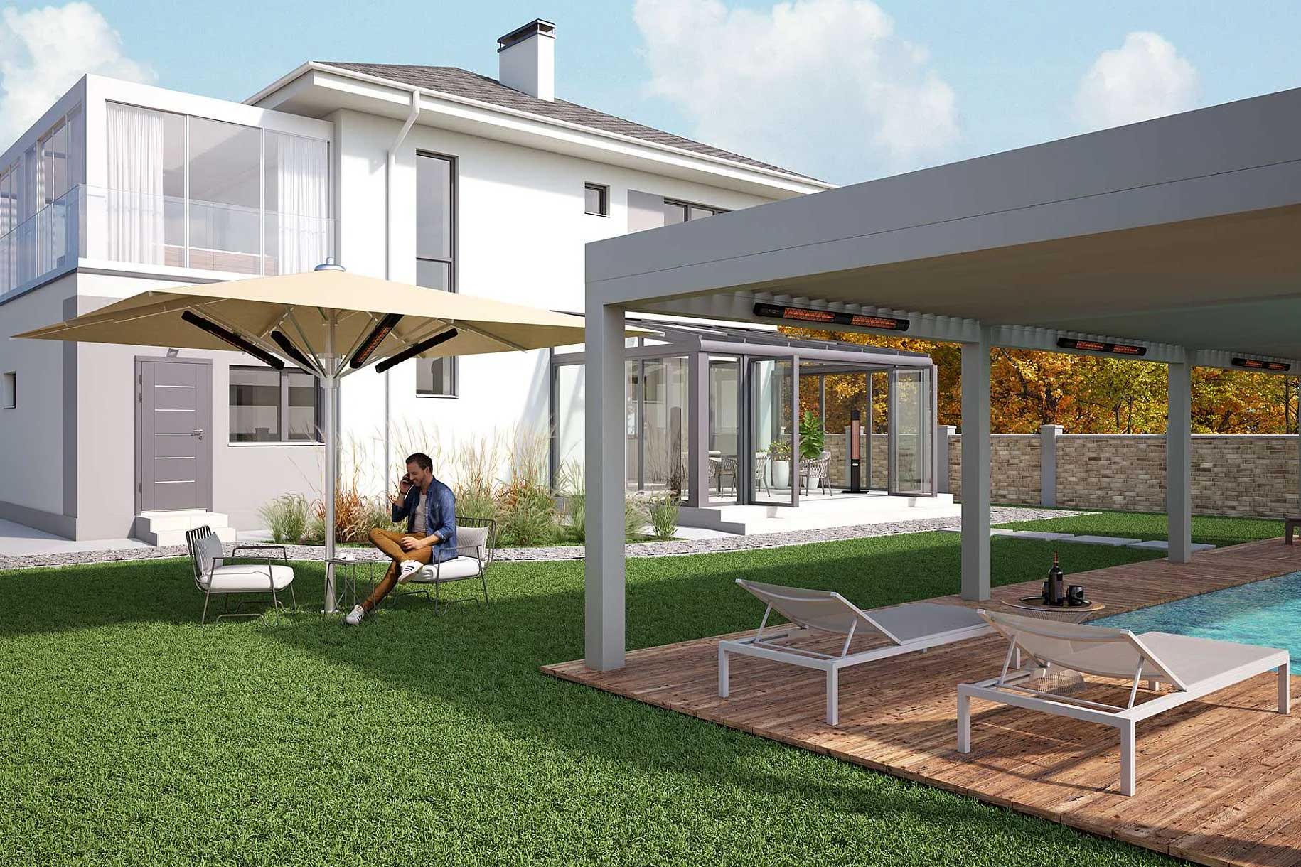 Eine Terrassenüberdachung mit Infrarotheizern an den Querbalken. Im Hintergrund sieht man ein großes, weißes, freistehendes Haus.