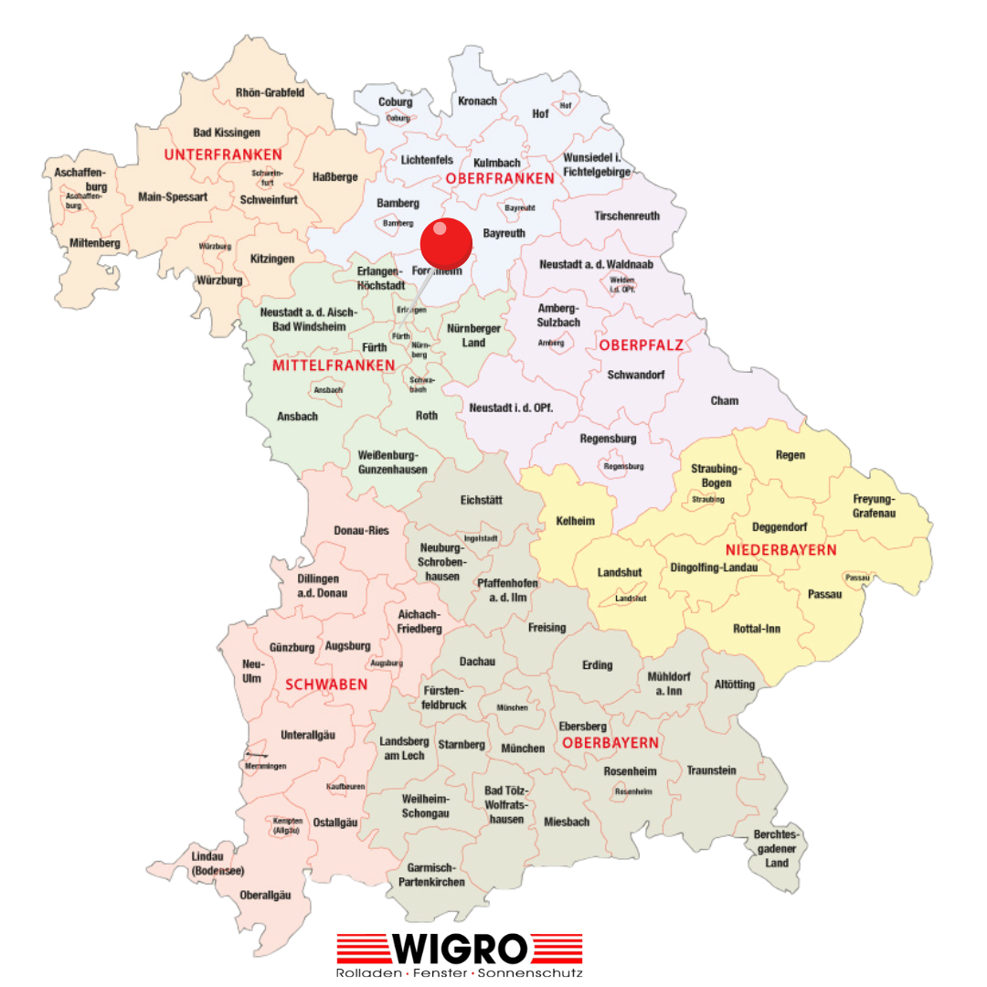 Terrassenüberdachung Fürth 29 Ein Landkarte mit den Ortschaften von Bayern.