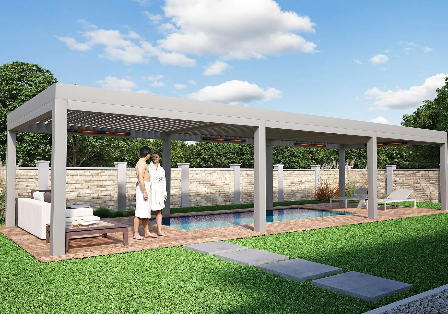 Ein Mann und eine Frau stehen neben dem Pool der von einer Terrassenüberdachung mit Infrarotheizungen überdacht sind.