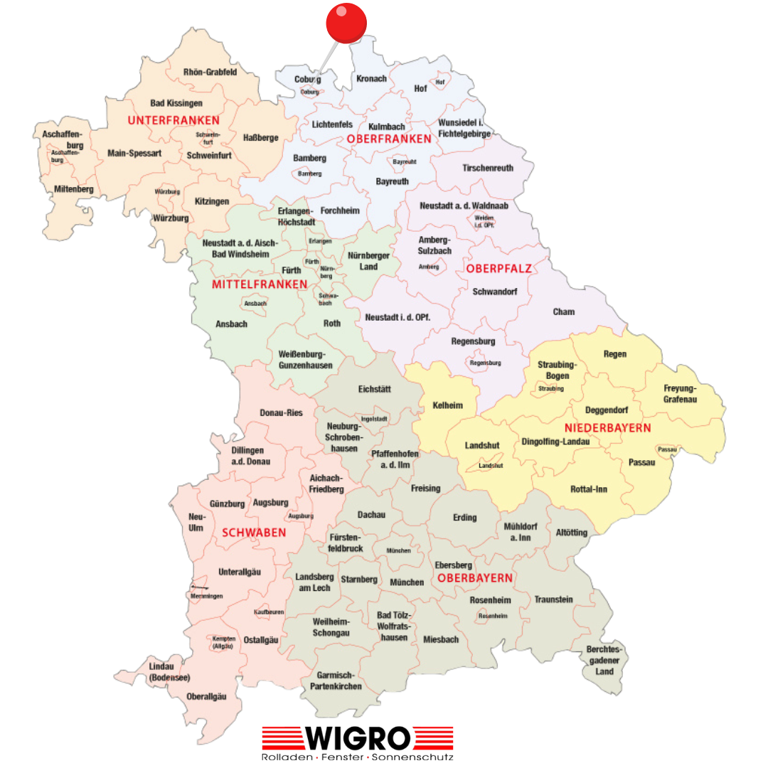 Ein Landkarte mit den Ortschaften unserer Terrassenüberdachung Coburg.