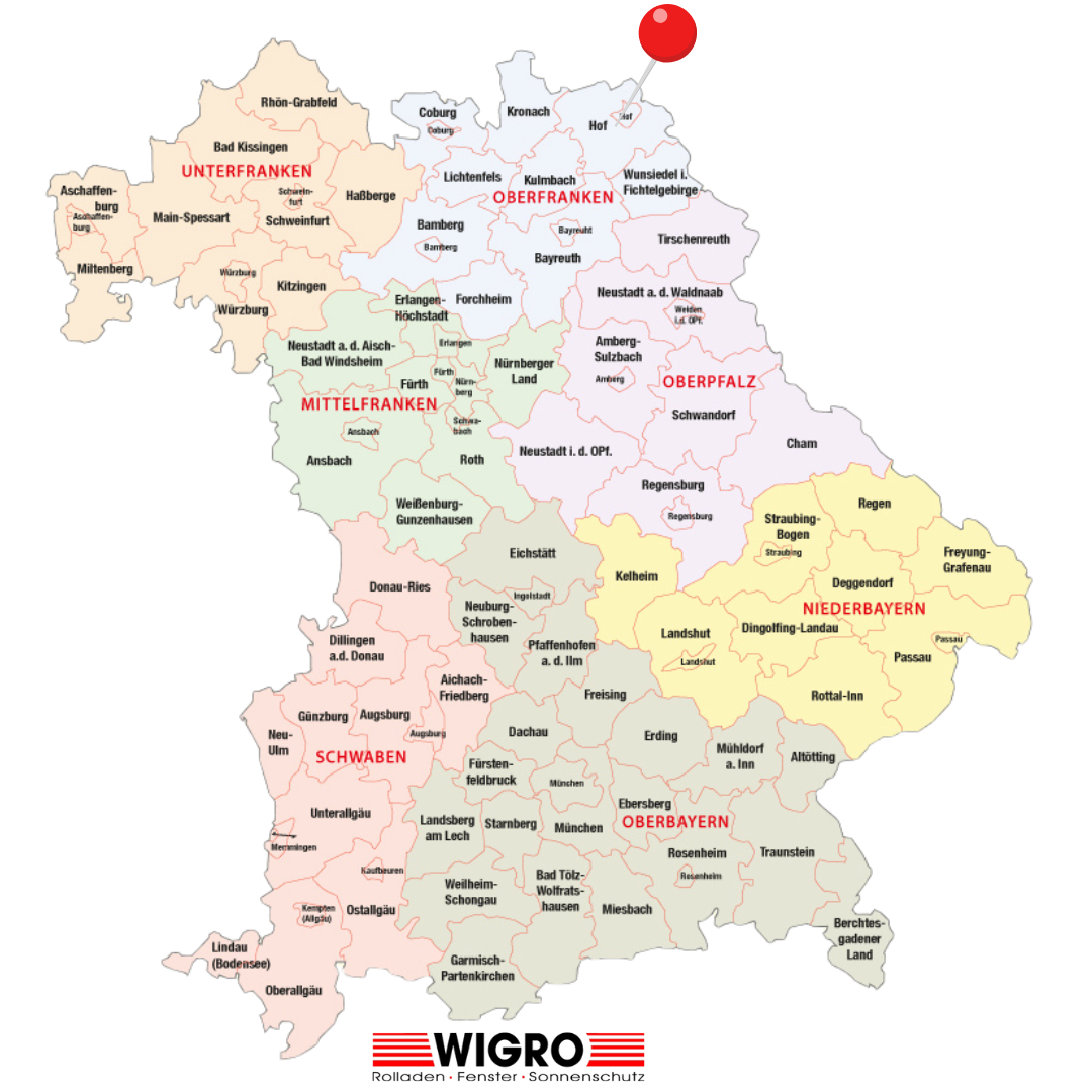 Ein Landkarte mit den Ortschaften unserer Terrassenüberdachung Hof.