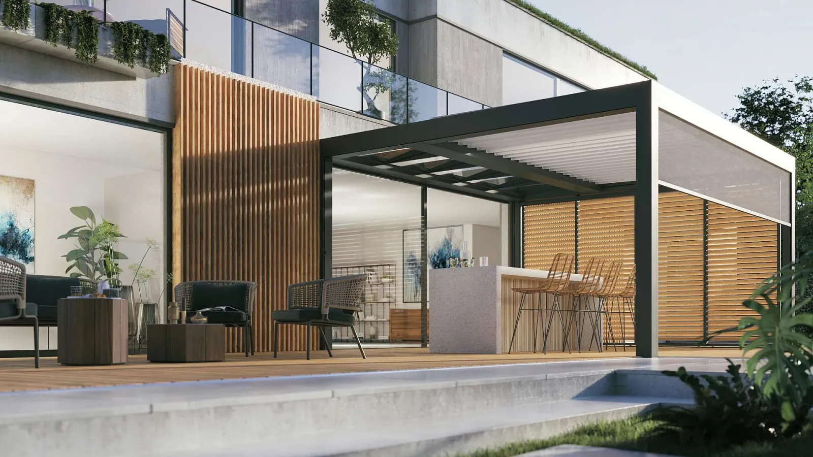 Vor einem großen Haus befindet sich ein dunkelgraues Terrassendach mit Glas und einer Theke darunter.