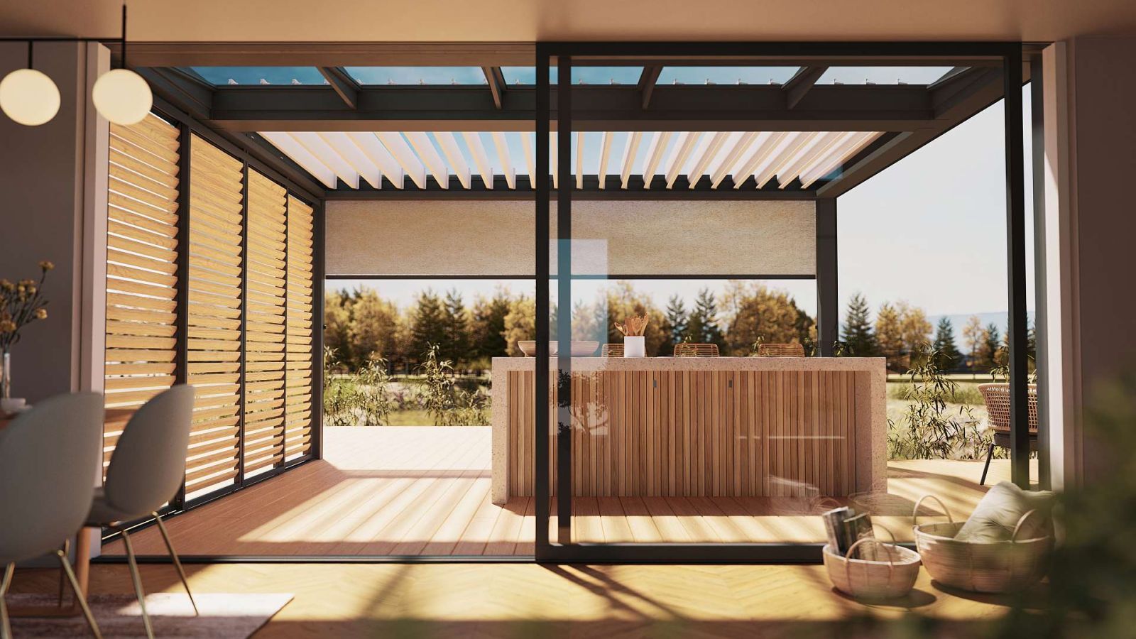 Ein modernes Terrassendach mit Blick von der Wohnung nach draußen in den Garten.