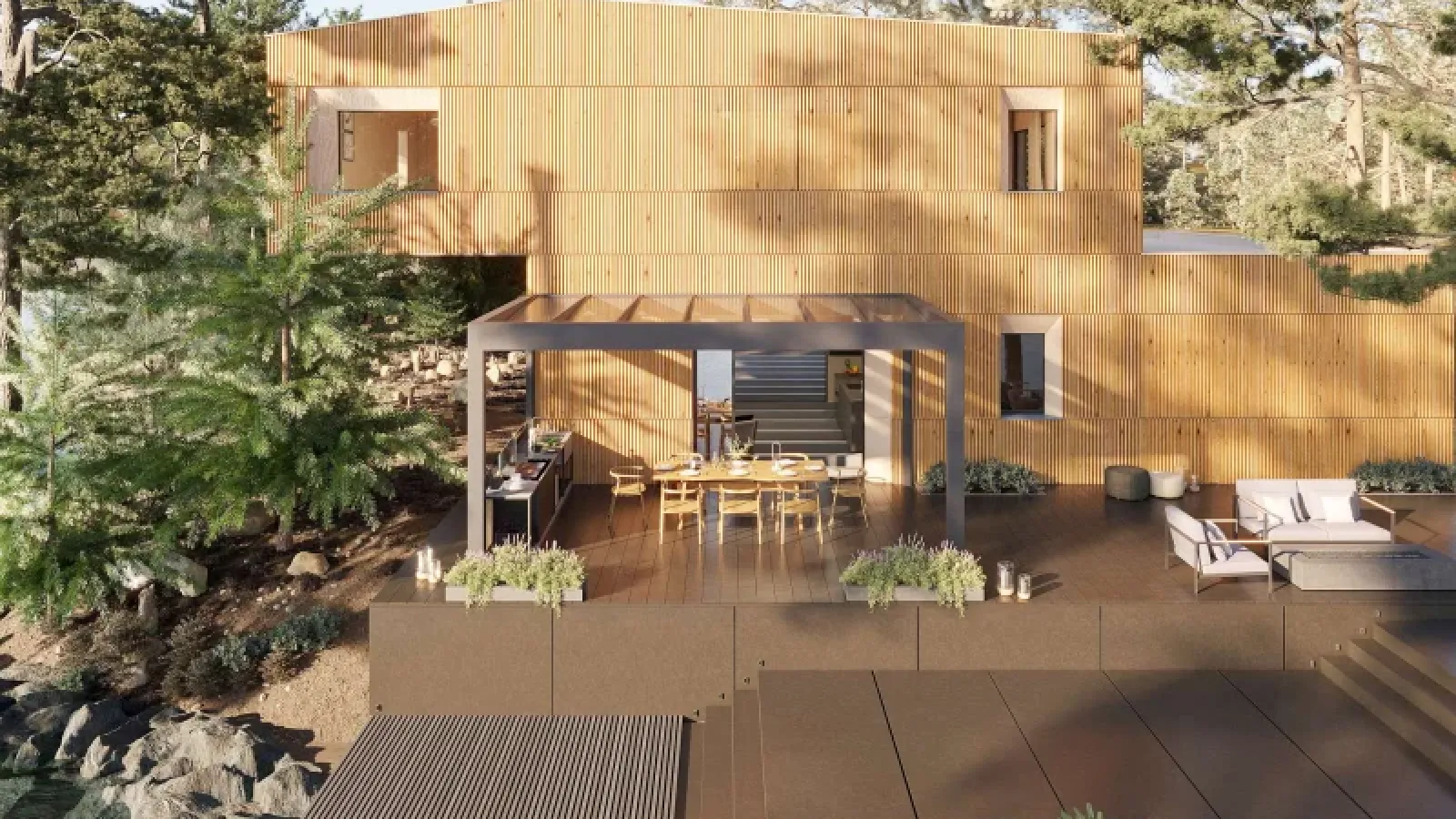 Ein Glas Terrassendach auf einen großen Terrassenbereich aus Holz.